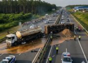 Kecelakaan Truk CPO di Simpang Rumbio Solok, Satu Kendaraan Terbalik dan Muatan Tumpah