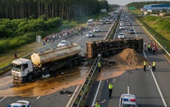 Kecelakaan Truk CPO di Simpang Rumbio Solok, Satu Kendaraan Terbalik dan Muatan Tumpah