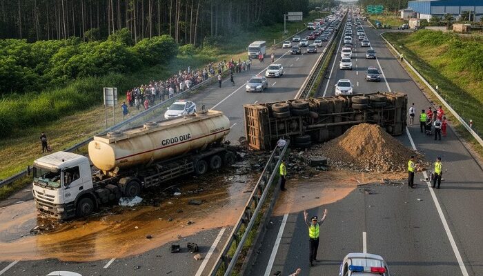 Kecelakaan Truk CPO di Simpang Rumbio Solok, Satu Kendaraan Terbalik dan Muatan Tumpah